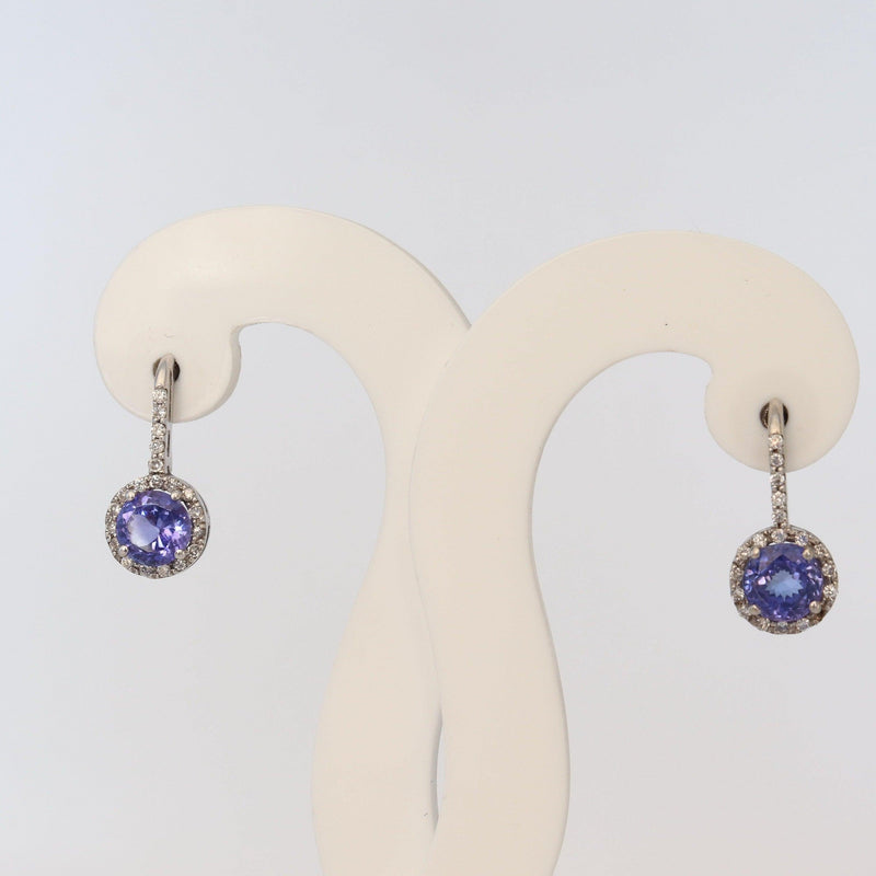 18kt White Gold Round Tanzanite, Diamond drop earrings - cape diamond exchanges