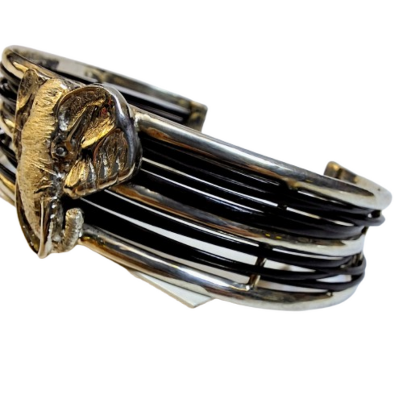 Silver Elephant hair multi-stranded bangle with one large head open bangle-Cape Diamond Exchange.