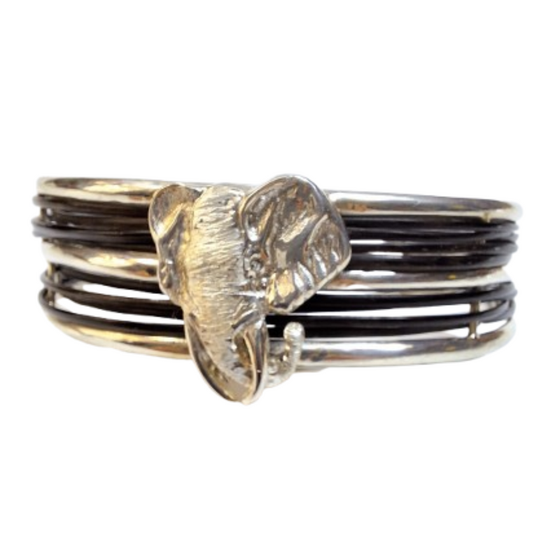 Silver Elephant hair multi-stranded bangle with one large head open bangle-Cape Diamond Exchange.