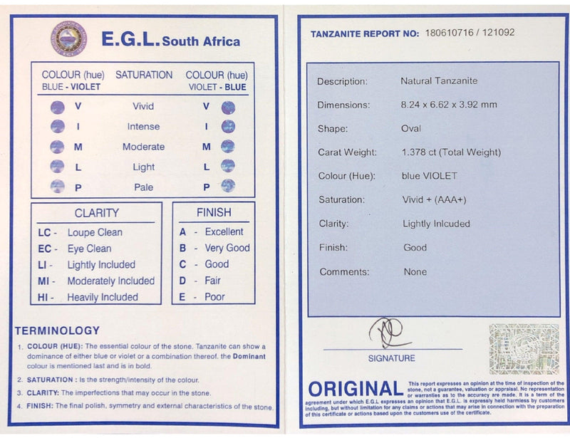 1.37ct Oval Tanzanite Stone with E.G.L. Certificate - cape diamond exchange