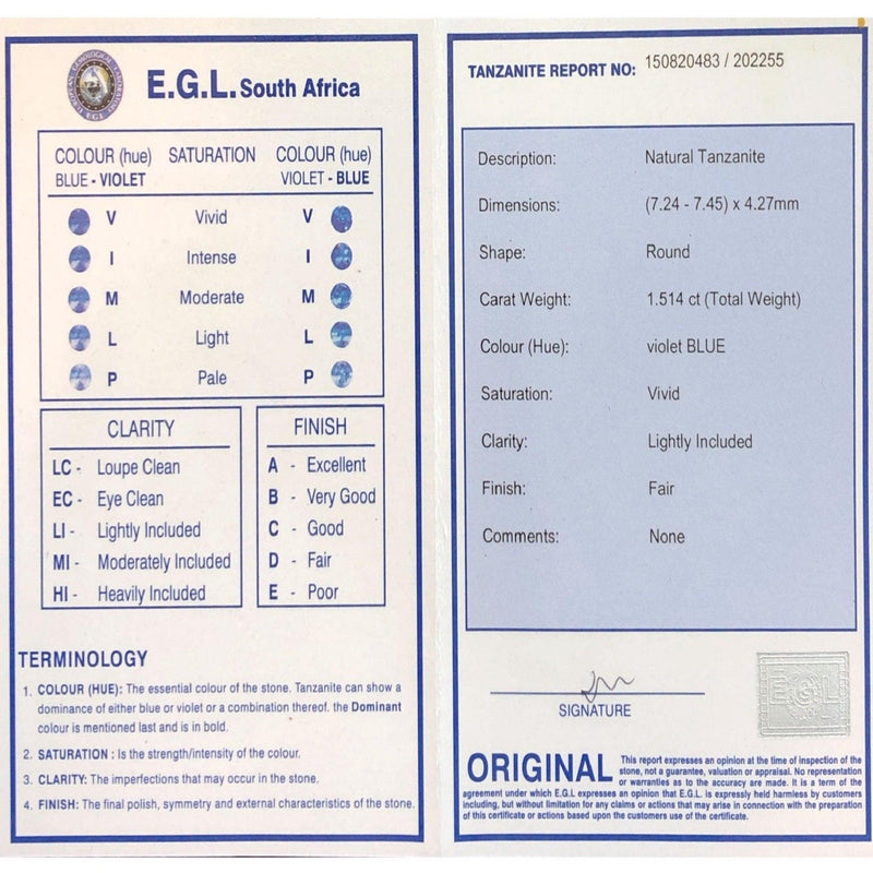 1.51ct Round Tanzanite Stone with an E.G.L. Certificate - cape diamond exchange