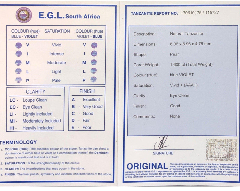 1.60ct Pear Tanzanite Stone with certificate - cape diamond exchange