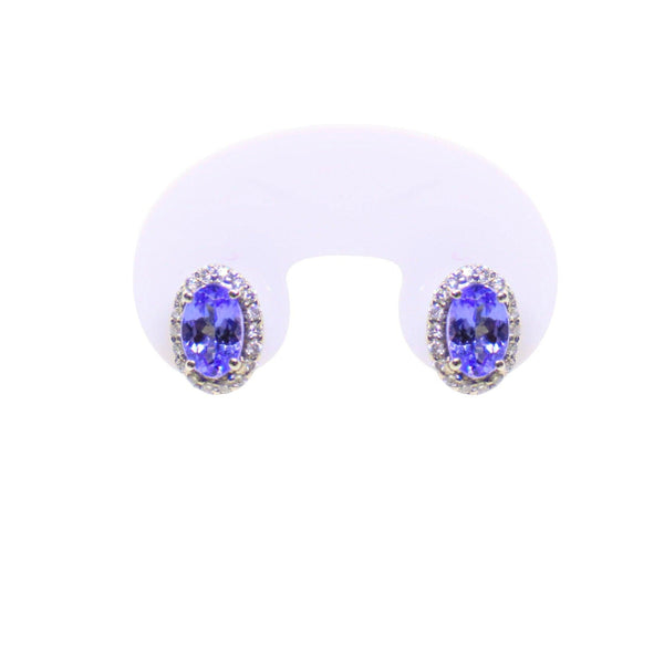 14kt White Gold Earrings: Oval Tanzanite with Halo Diamonds - Cape Diamond Exchange