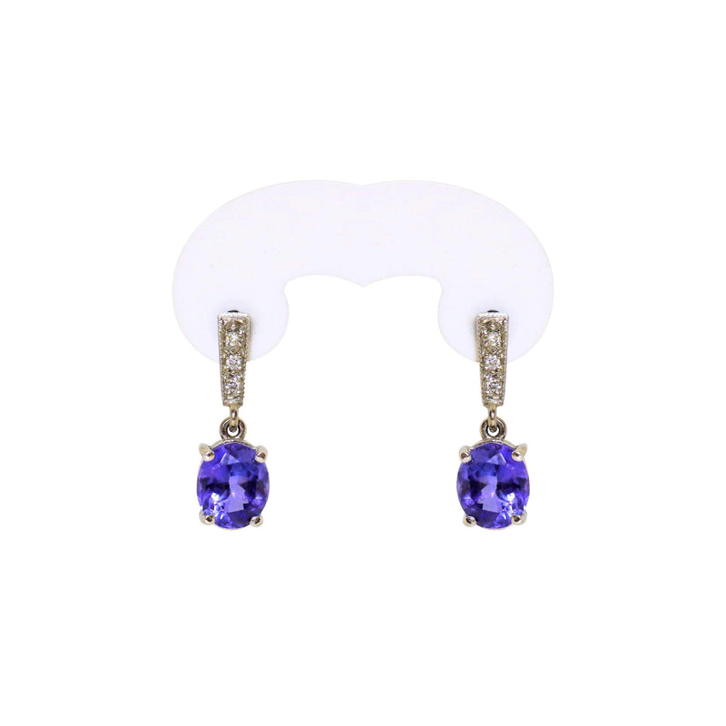 18 kt White Gold Oval Tanzanite and Diamond Drop Earrings - Cape Diamond Exchange