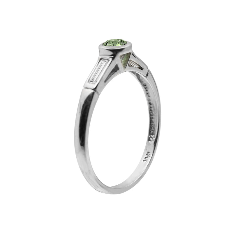 Green Tourmaline Ring set in White Gold with Baguette Cut Diamonds