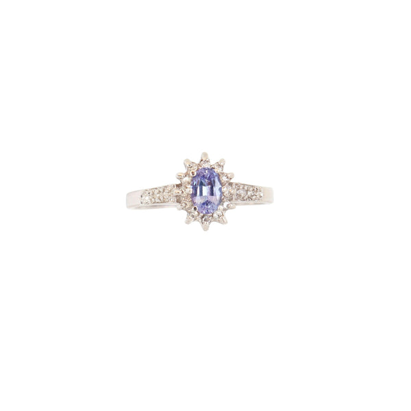Halo Flower ring with an Oval Tanzanite with Diamonds