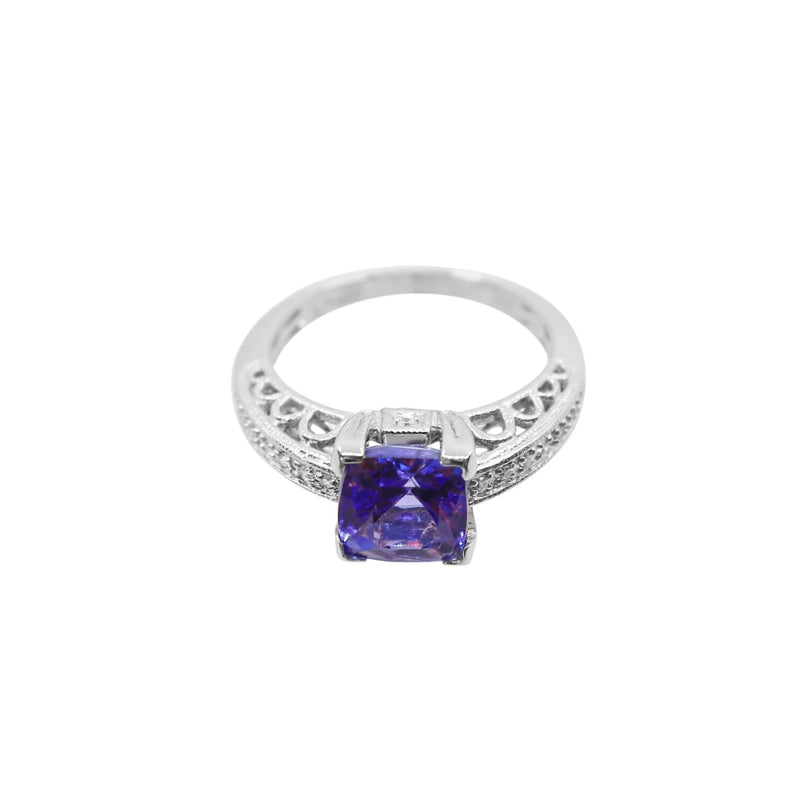 Cushion Cut Tanzanite and Diamond Ring set in White Gold