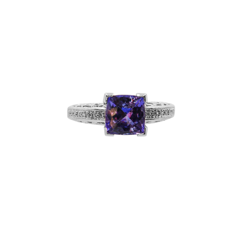 White Gold Ring with Cushion Cut Tanzanite and Diamonds