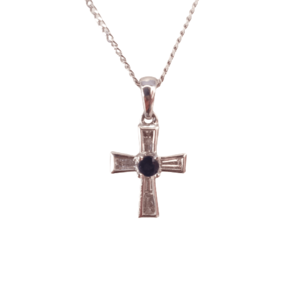 18kt White Gold Baguettes and Sapphire Cross Pendant - cape diamond exchange