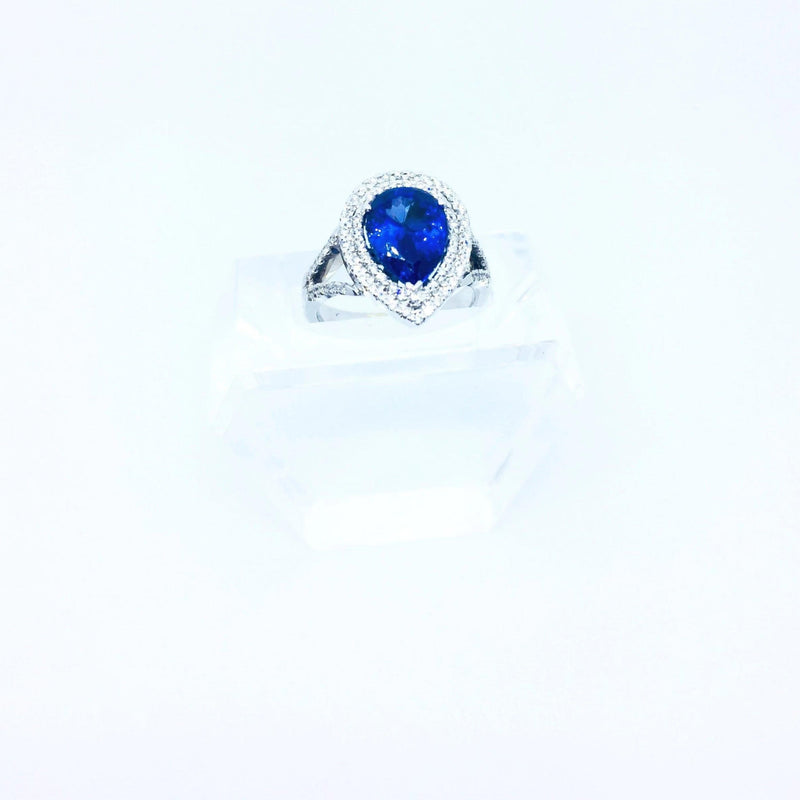 18 kt White Gold Pear Shape Tanzanite and Diamonds Halo Ring - Cape Diamond Exchange