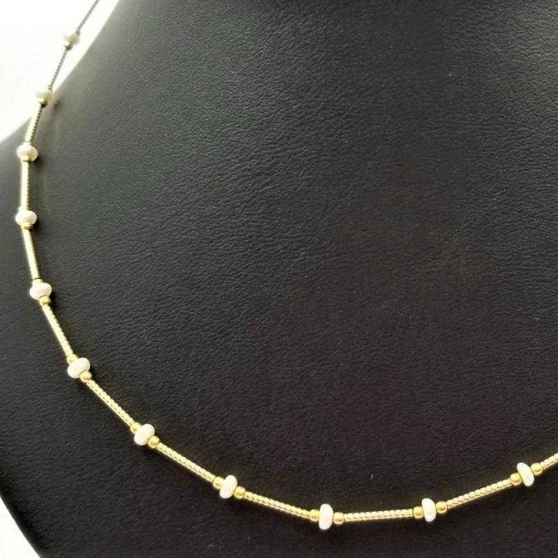 Yellow Gold Tube Necklace with Pearl Beading - Cape Diamond Exchange