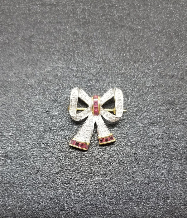 Diamond Bow Brooch with a Touch of Rubies - Cape Diamond Exchange