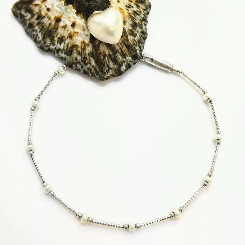 White Gold Tube Bracelet with Pearl Beads - Cape Diamond Exchange