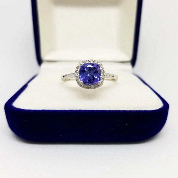 9 kt White Gold Tanzanite Halo Ring with Diamonds - Cape Diamond Exchange