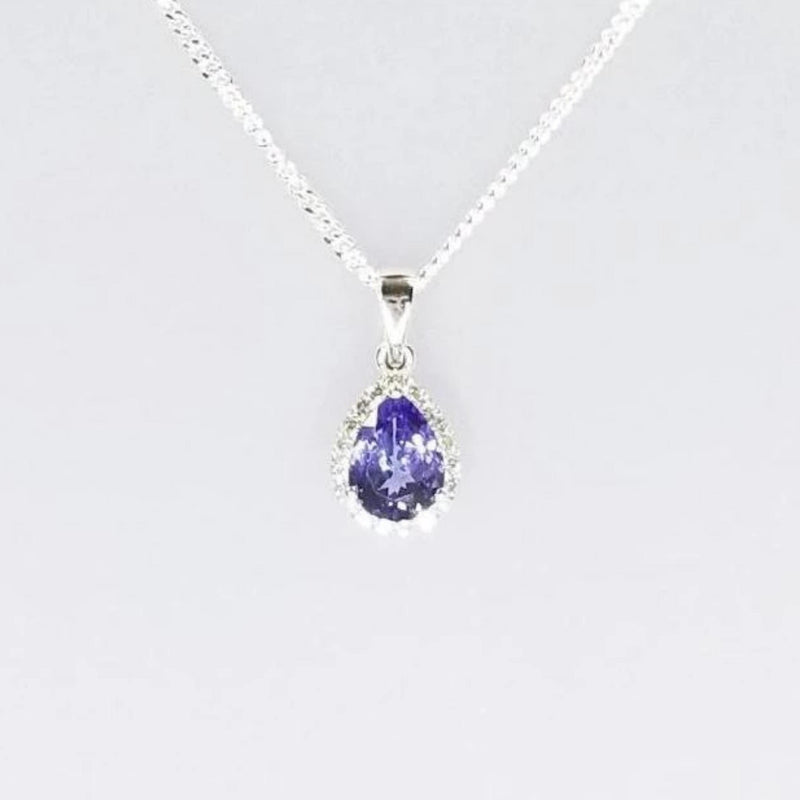 14 kt White Gold Pear Shape Tanzanite and Diamonds Pendant - Cape Diamond Exchange