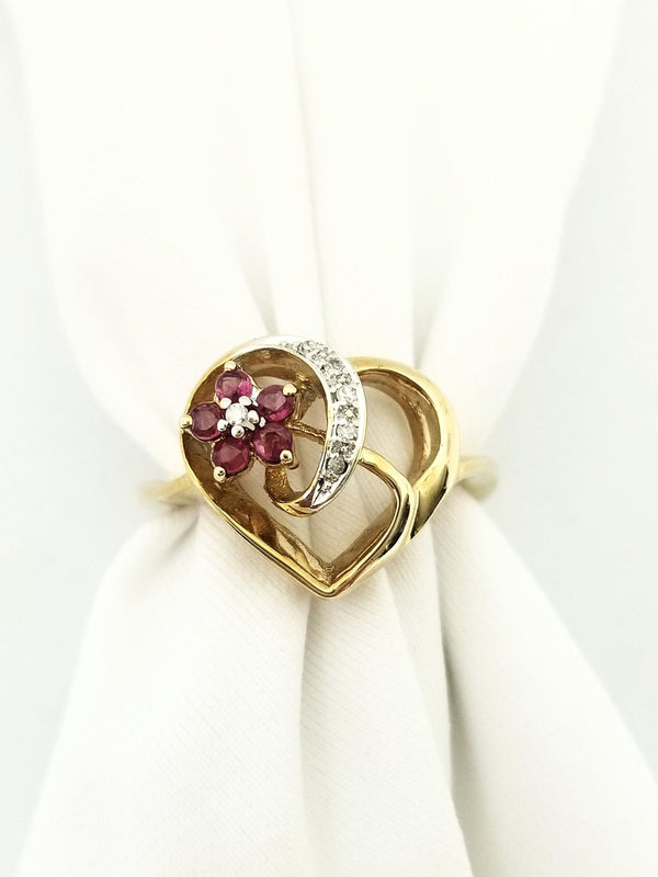 Heart Shaped Diamond Ring with a Ruby Flower - Cape Diamond Exchange