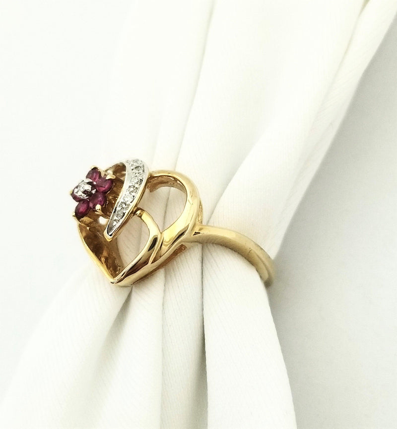 Heart Shaped Diamond Ring with a Ruby Flower - Cape Diamond Exchange