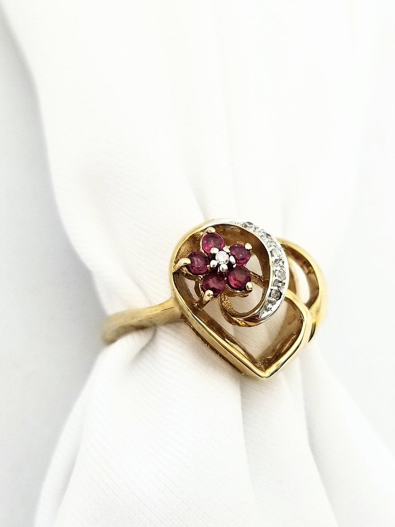 Heart Shaped Diamond Ring with a Ruby Flower - Cape Diamond Exchange