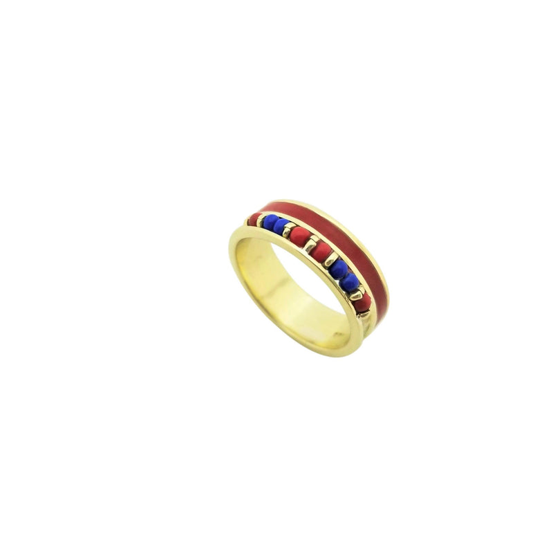 14 kt Yellow Gold Red and Blue Beaded Ring