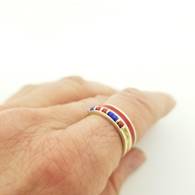 Red and Blue Beaded Ring set in 14 kt Yellow Gold
