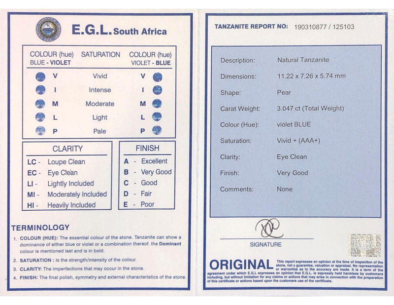 3.04ct Pear Tanzanite Stone with an E.G.L. certificate - cape diamond exchange