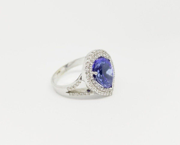 18 kt White Gold Pear Shape Tanzanite and Diamonds Halo Ring - Cape Diamond Exchange