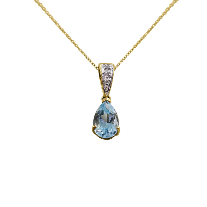 9 kt Yellow Gold Pear Shaped Blue Topaz and Diamond Necklace