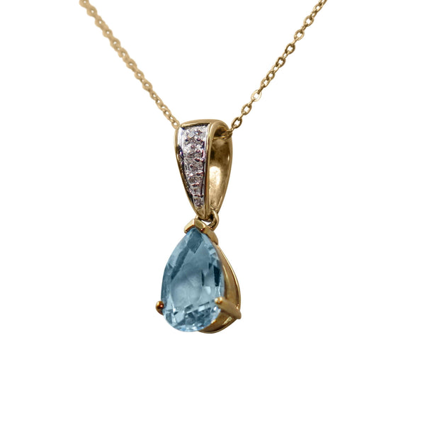 Pear Shaped Blue Topaz and Diamond Necklace set in Yellow Gold
