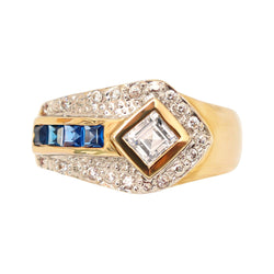 Blue and White Cubic Zirconia Fancy Ring set in Yellow Gold