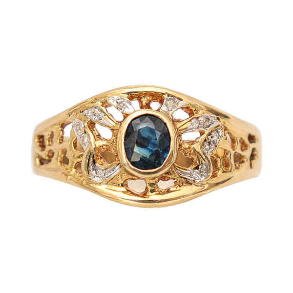 Blue Sapphire and Diamond Filigree Ring