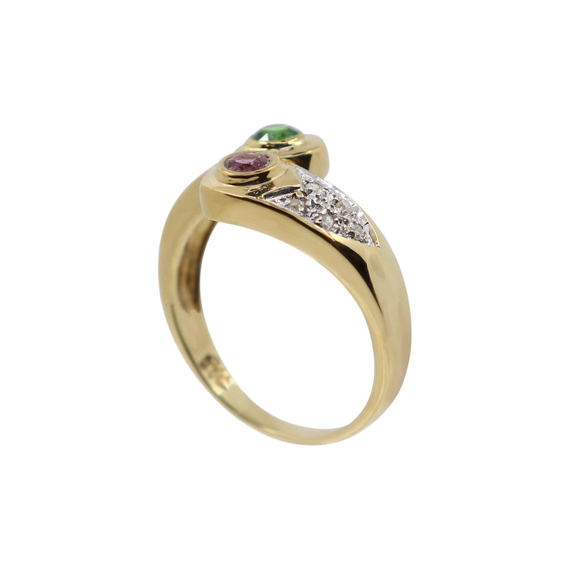 Yellow Gold and Diamond Ring with Green Tsavorite and Pink Sapphire