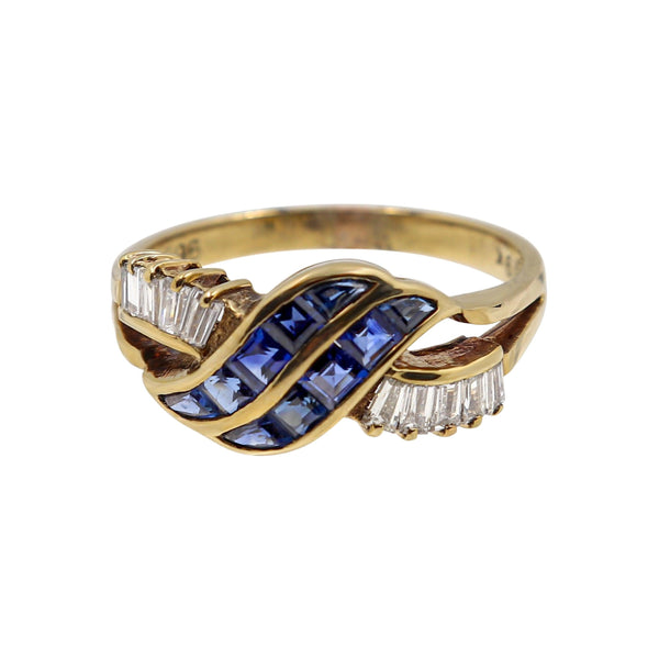 9 kt Yellow Gold Blue Sapphires and Baguette Diamonds