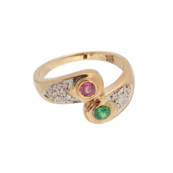 Pink Sapphire and Green Tsavorite with Diamond Ring set in Yellow Gold
