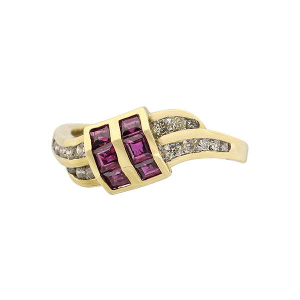 Yellow Gold Ruby and Diamond Swirl Buckle Ring