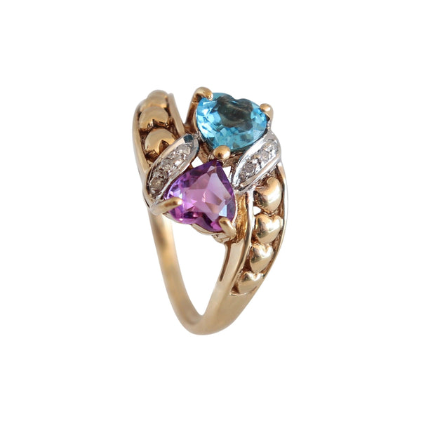 9 kt Yellow Gold and Blue Topaz and Amethyst Heart Ring