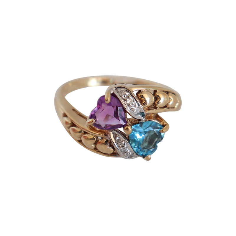 Heart Amethyst and Blue Topaz Ring with Diamonds set in 9 kt Yellow Gold