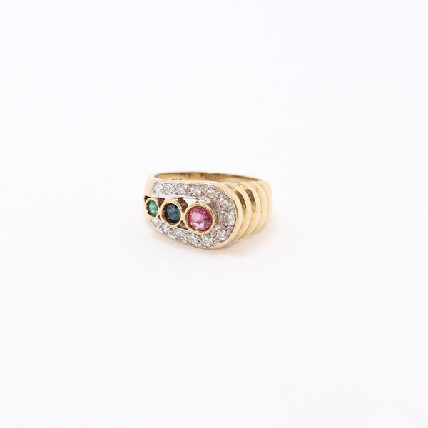 9 kt Yellow Gold Blue and Pink Sapphires and Diamond Dress Ring