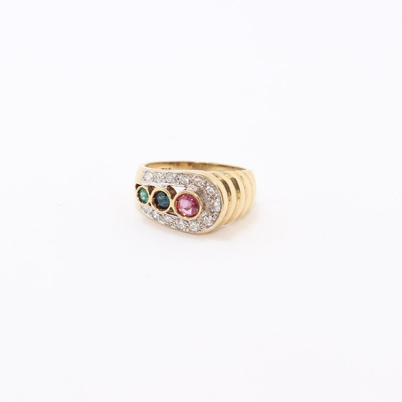 9 kt Yellow Gold Blue and Pink Sapphires and Diamond Dress Ring