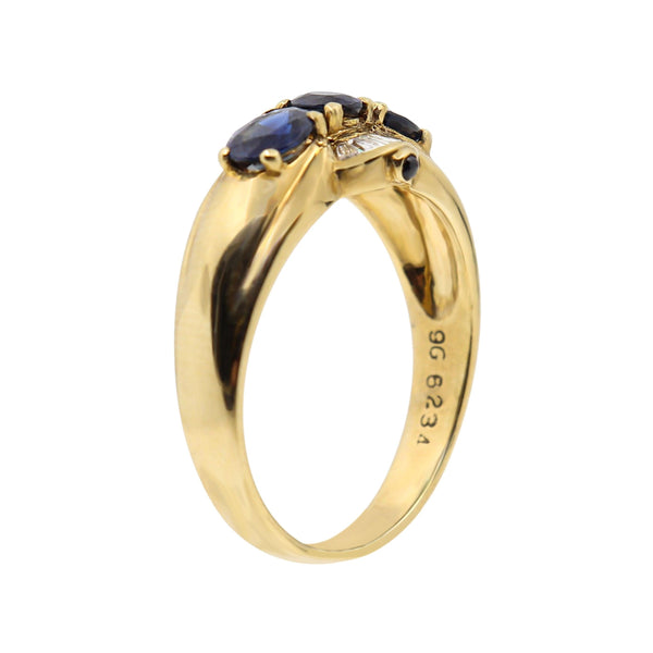 Yellow Gold and Baguette Cut Diamonds with Natural Blue Sapphires