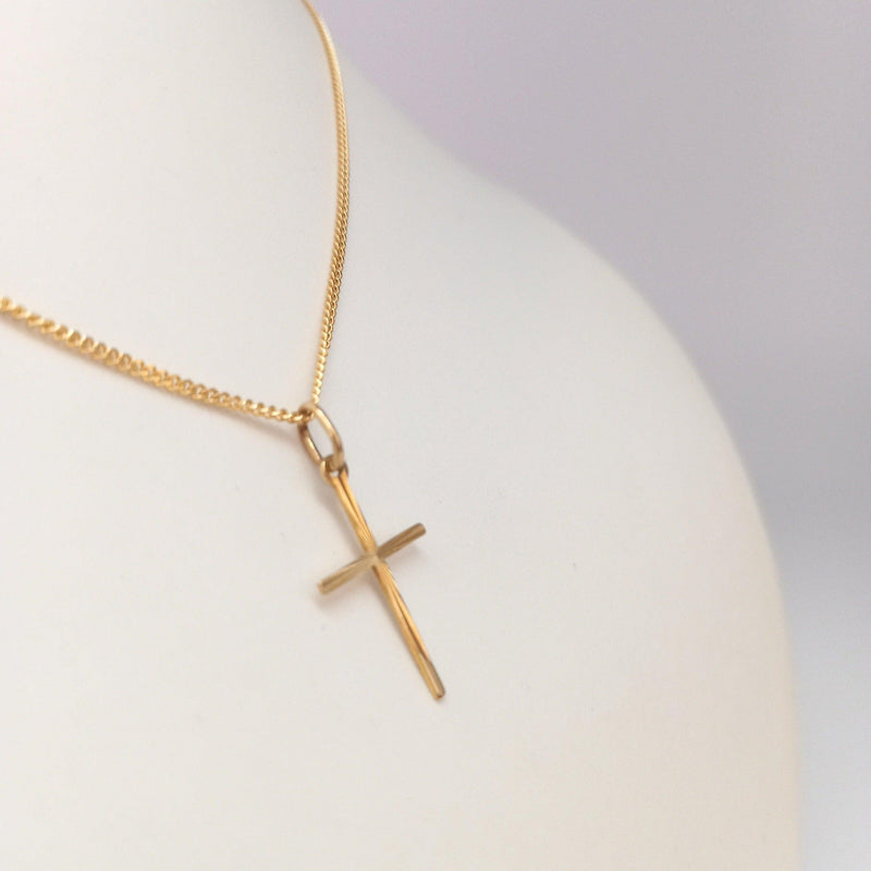 9kt Yellow gold Small and Dainty Cross Pendant with side view - cape diamond exchange