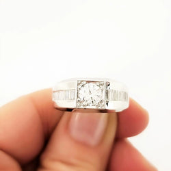 White Gold Man's Ring with a Center Diamond and Baguettes - Cape Diamond Exchange