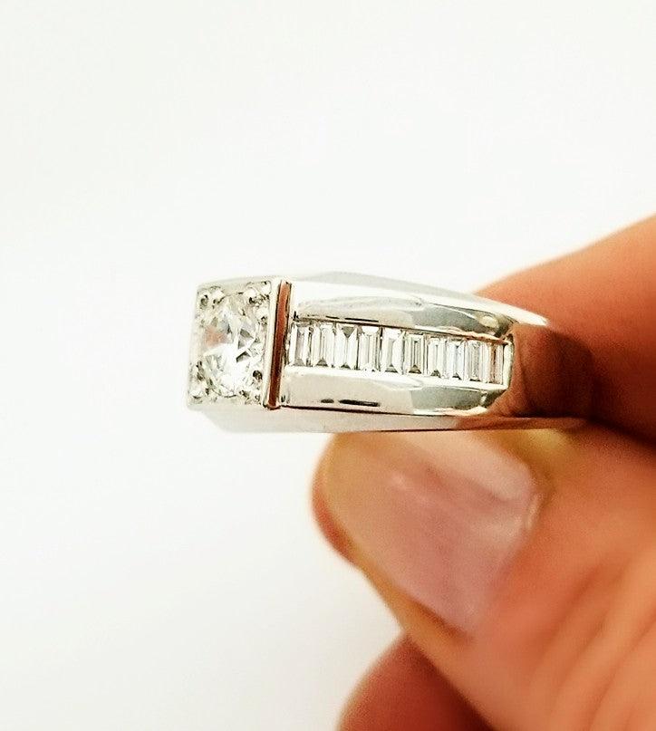 White Gold Man's Ring with a Center Diamond and Baguettes - Cape Diamond Exchange