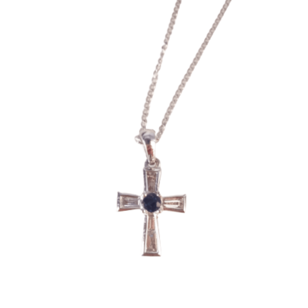 18kt White Gold Baguettes and Sapphire Cross Pendant front view - cape diamond exchange