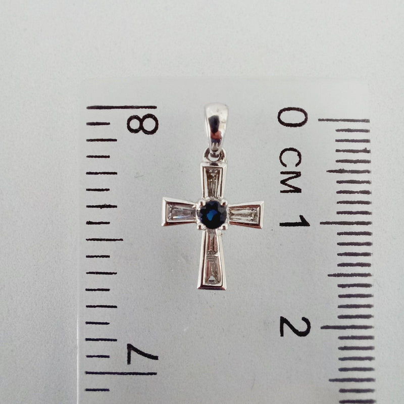 18kt White Gold Baguettes and Sapphire Cross Pendant with measurements - cape diamond exchange
