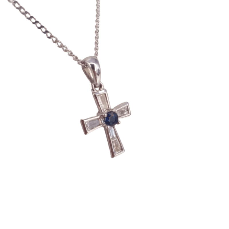 18kt White Gold Baguettes and Sapphire Cross Pendant right view - cape diamond exchange