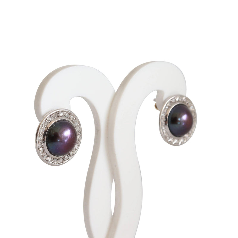 Round Black Mabe Pearl and Diamond Earrings set in 18 kt White Gold