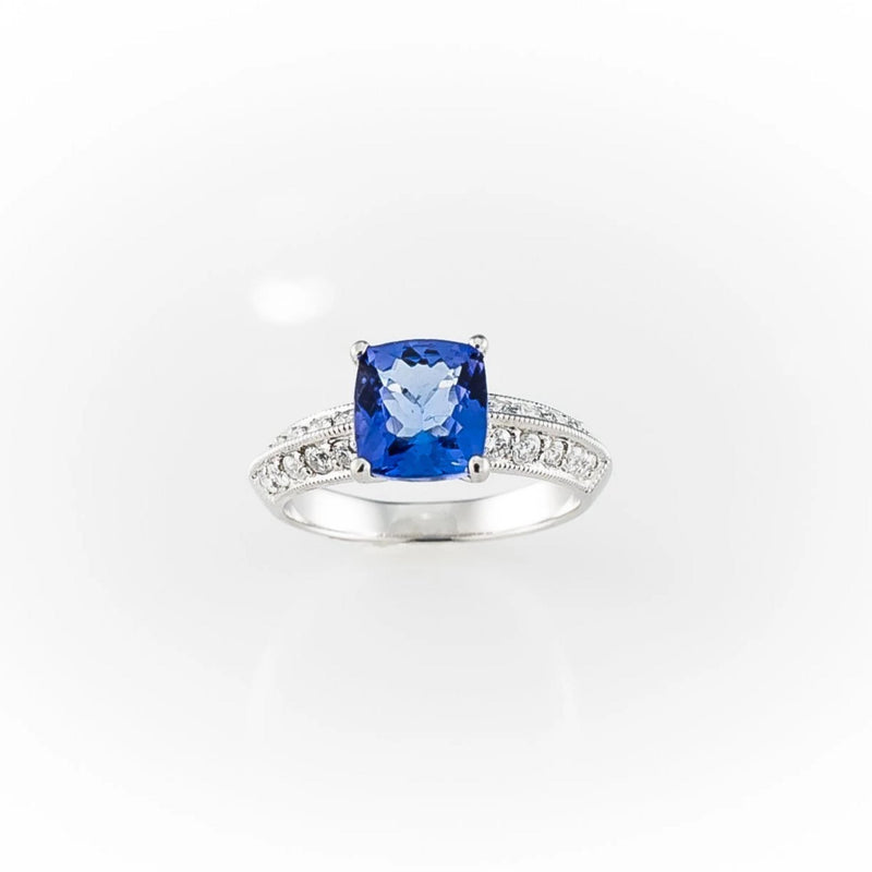 18 kt White Gold Cushion cut Tanzanite and Diamonds Ring - Cape Diamond Exchange