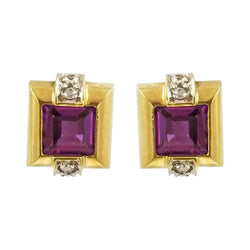 9 kt Yellow Gold Square Earrings with Amethyst and White Cubic Zircon - Cape Diamond Exchange