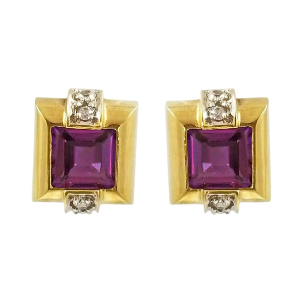 9 kt Yellow Gold Square Earrings with Amethyst and White Cubic Zircon - Cape Diamond Exchange
