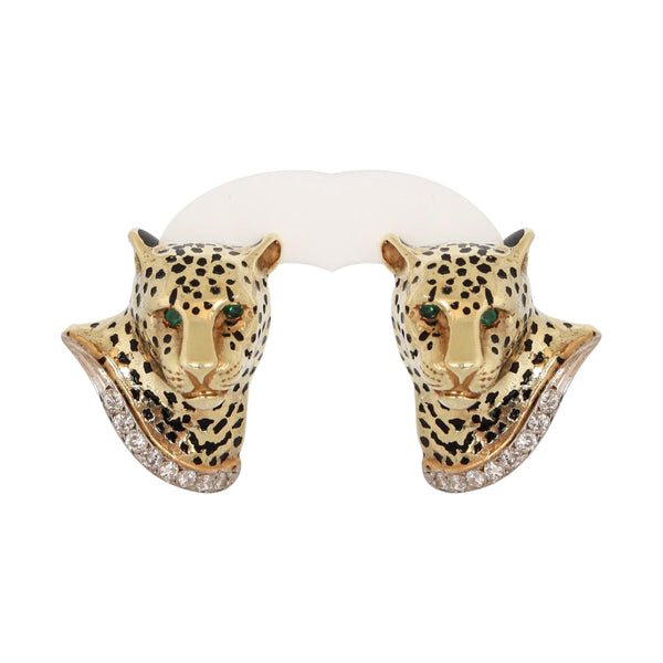 14 kt Yellow Gold Leopard Earrings set with Diamonds and Emeralds